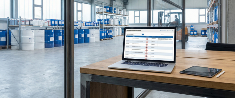 Notebook mit Gefahrstoffverzeichnis im Vordergrund. Im Hintergrund ist eine Lagerhalle mit Gefahrstoffen zu sehen