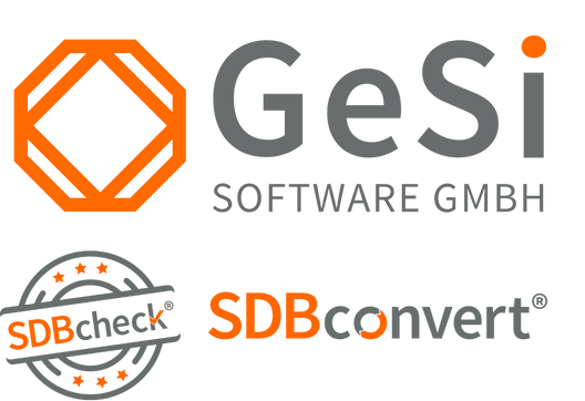GeSi-SDBcheck®-Logos Logo der GeSi Software GmbH - darunter Stempel-Logo von SDBcheck® und Wort-Logo von SDBconvert®