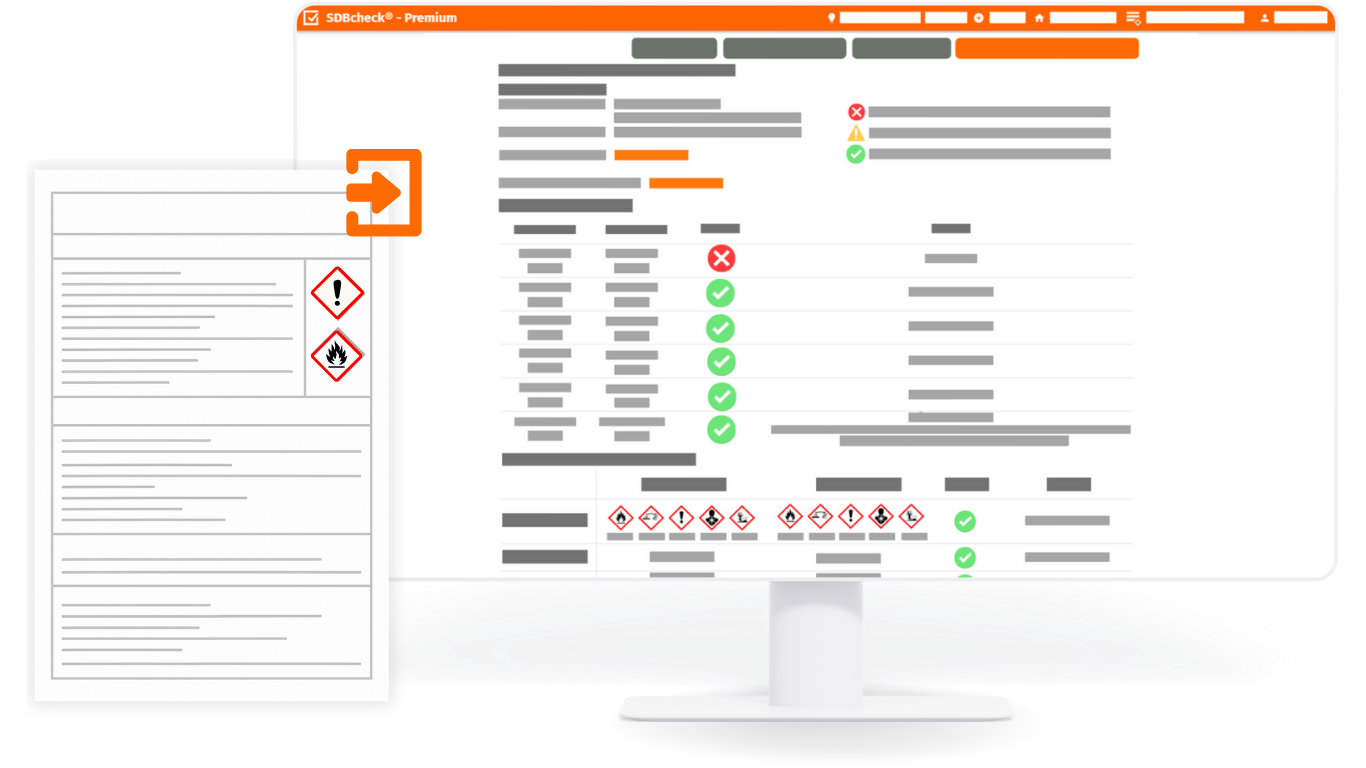 Schaubild des SDBcheck® Gefahrstoffverzeichnisses und eines Sicherheitsdatenblatt. Minimalistisch illustriert