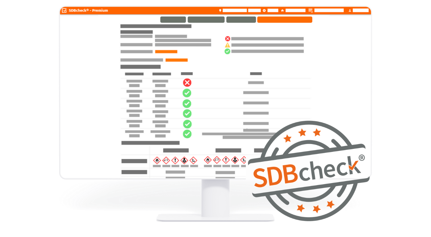 PC-Bildschirm mit Plausibilitätscheck und SDBcheck® Stempel im Vordergrund