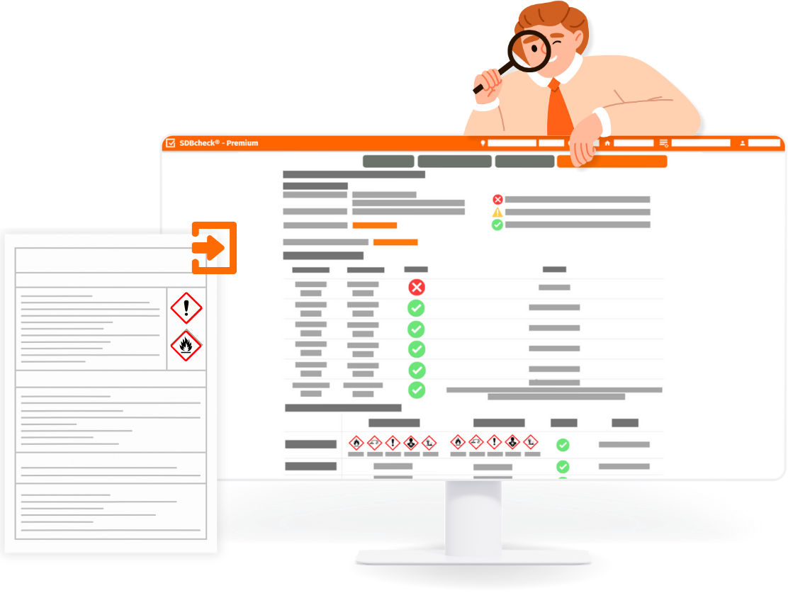 WebsiteHeaderBild Schaubild des SDBcheck® dargestellt in einem Monitor und eines Sicherheitsdatenblatt. Minimalistisch illustriert