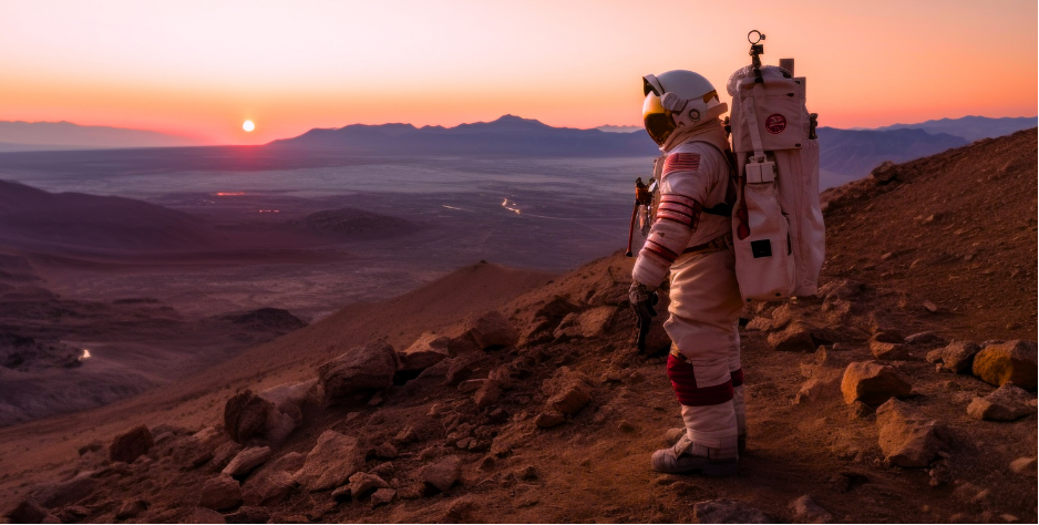 mission SDBcheck® Mission - ein Austronaut steht in seinem Anzug auf steiniger Erde und schaut zum Horizont